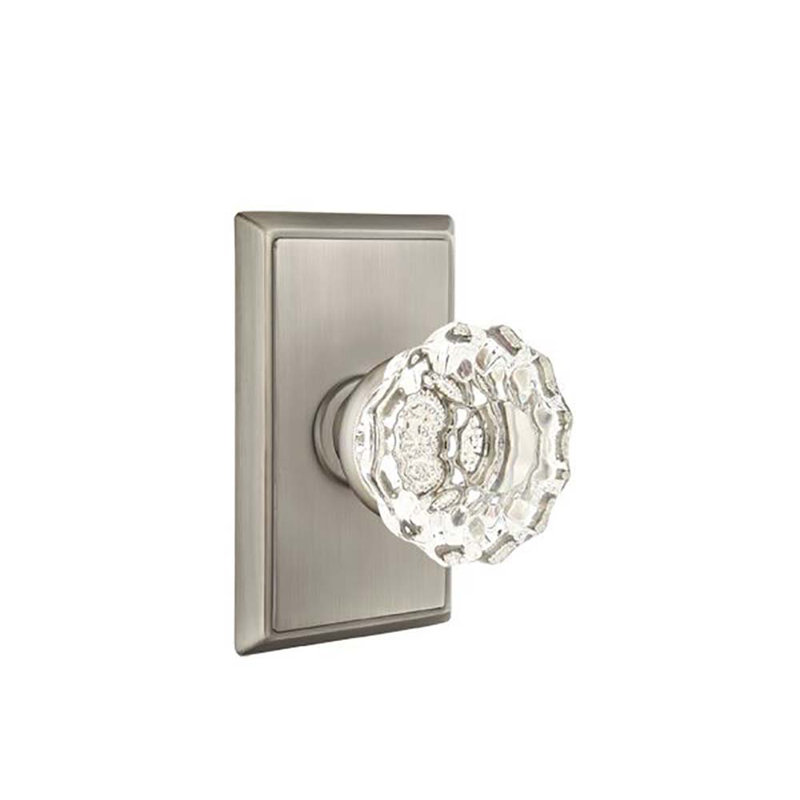 Ensemble de faux boutons Emtek avec rosette rectangulaire et poignée en verre Astoria, Étain