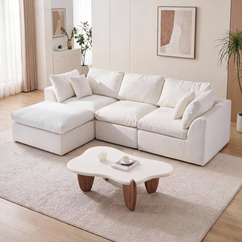 Canapé modulaire 108 po avec 2 ensembles de housses lavables, canapé modulaire en L convertible avec repose-pieds, canapé à 3 places pour salon, blanc avec housses extra grises
