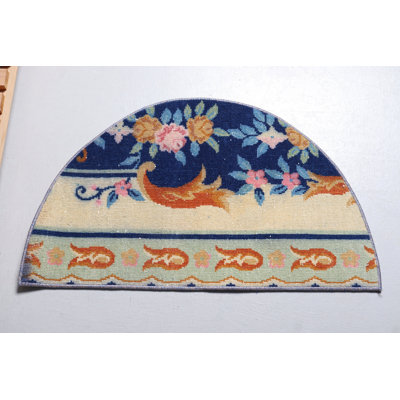 Vintage Turkish Round Rug in Blue - Small Non-Slip Carpet for Office or Bedroom Decor