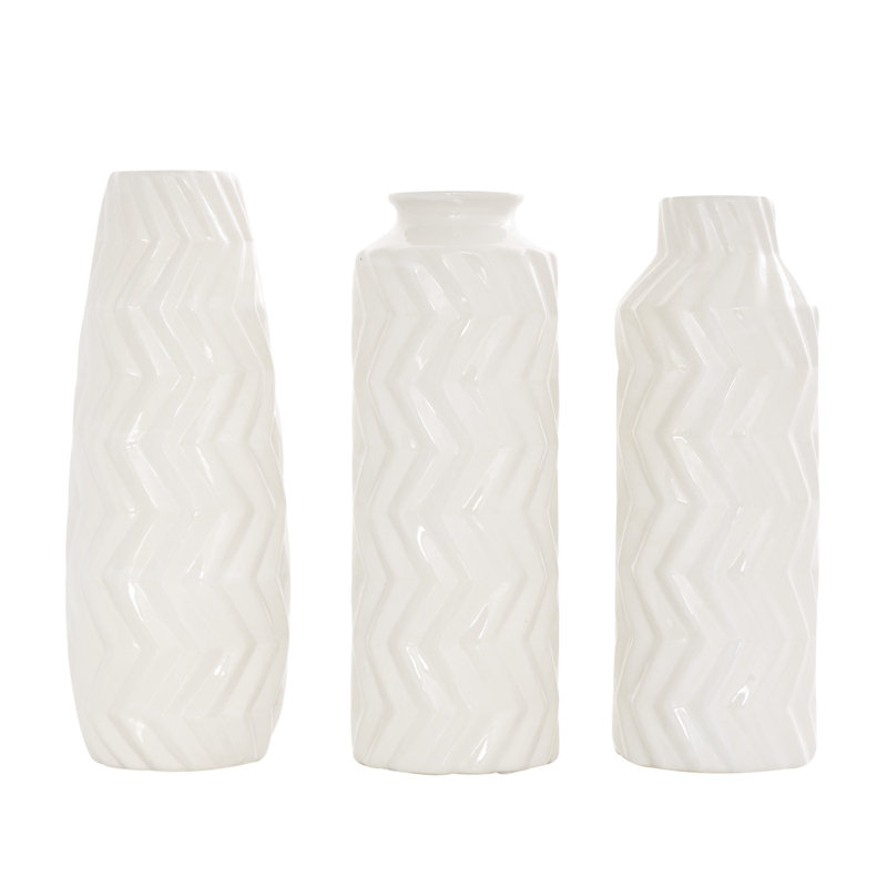 Elvita Ceramic Dimensional Chevron Textured Decorative Vase with Varying Shapes Set, White