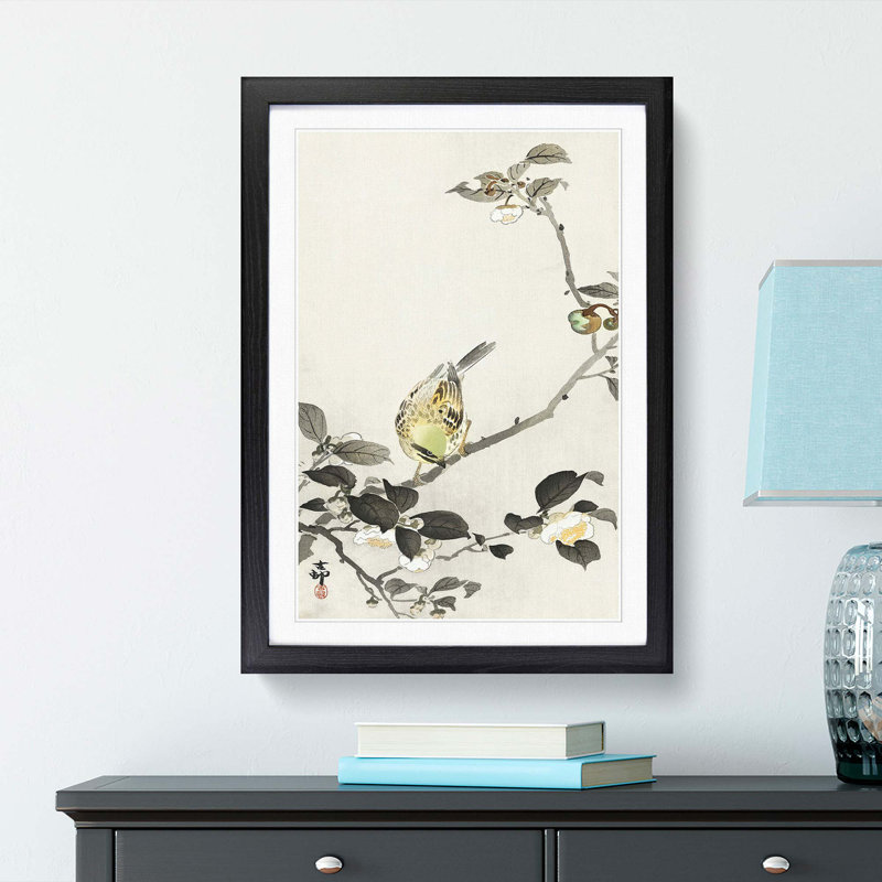 Bunting Bird on a Blossom Branch by Ohara Koson - Framed Print, Black Framed, 36cm H x 27cm W x 2cm D