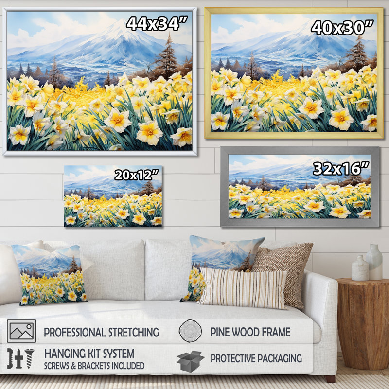 Daffodils Charm in Mountain - Imprimé, Cadre simple blanc, H 30 po x l 40 po x P 1,5 po