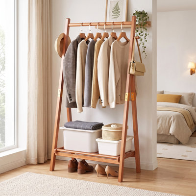 Sturdy A-Frame Clothing Rack with Storage Shelf & Side Hooks - Classic Cherry-Finished Pine Garment Stand for Bedroom or Entryway