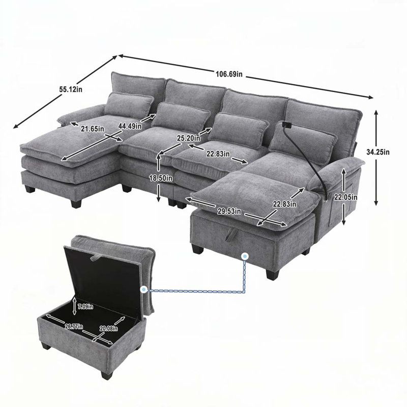 Chenille Fabric 106" U Shape Sectional Sofa, Light Gray Chenille