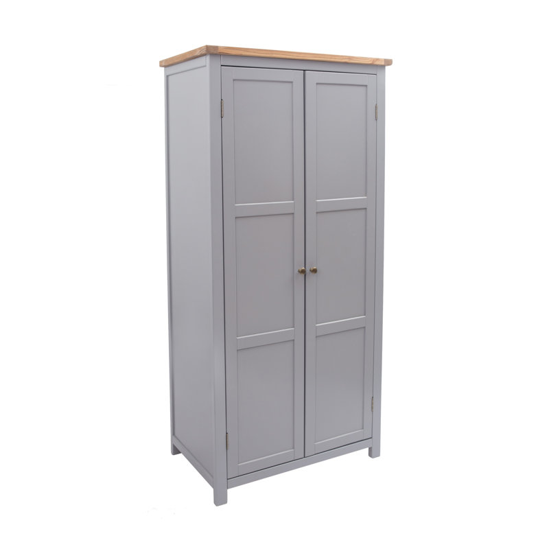 2 Door Solid + Manufactured Wood Wardrobe, Grey/Oak/Antique Brass