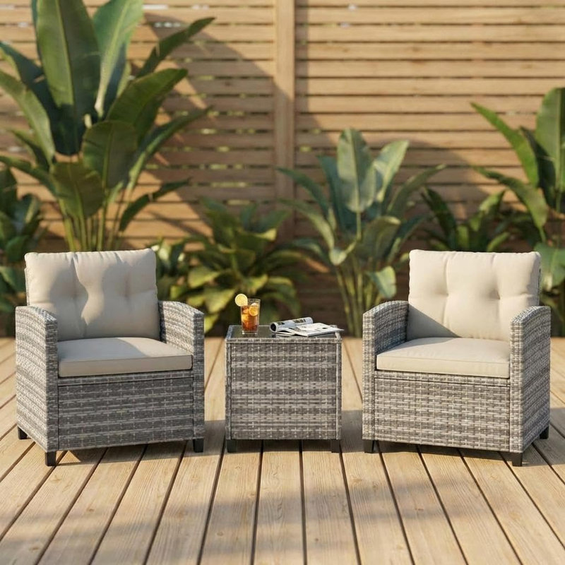 3-Piece Outdoor Patio Furniture Set, PE Rattan Wicker Frame with Tempered Glass Side Table, Conversation Chairs with Removable Cushions, Balcony Porch Garden Seating