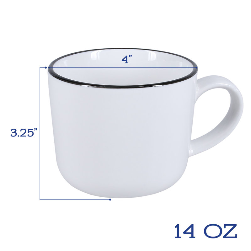 Set of 4 White Ceramic Mugs with Black Rim