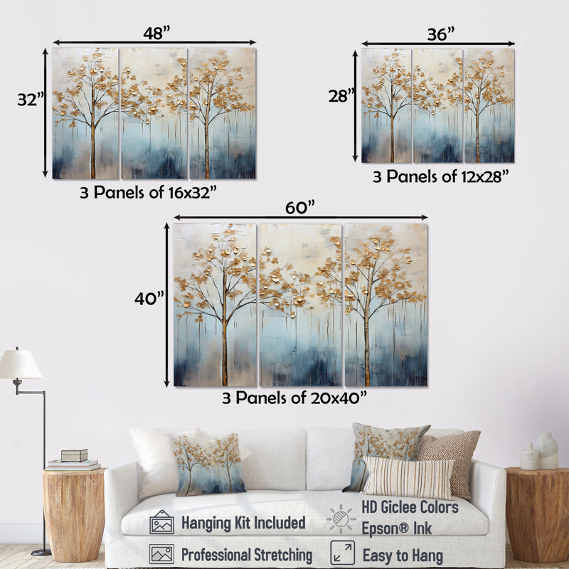 Minimalisme, arbres dorés et bleus scène VI - ensemble d'art mural sur toile, Toile tendue, H 32 po x l 48 po x P 1 po
