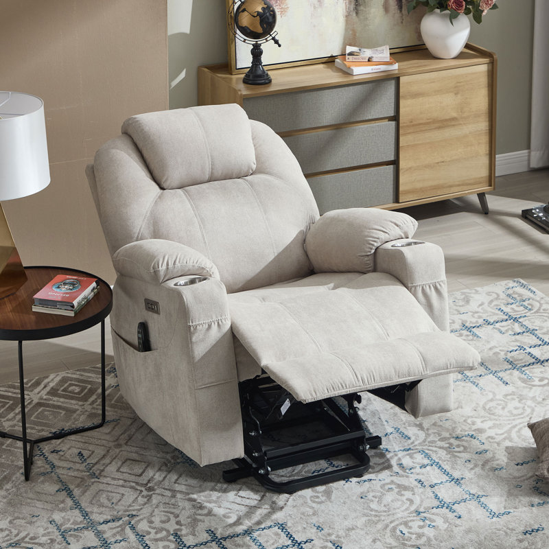 Aura 35" W Power Lift Recliner, Heated Massage, Stainless Steel Cup Holder, Thick Headrest, Beige