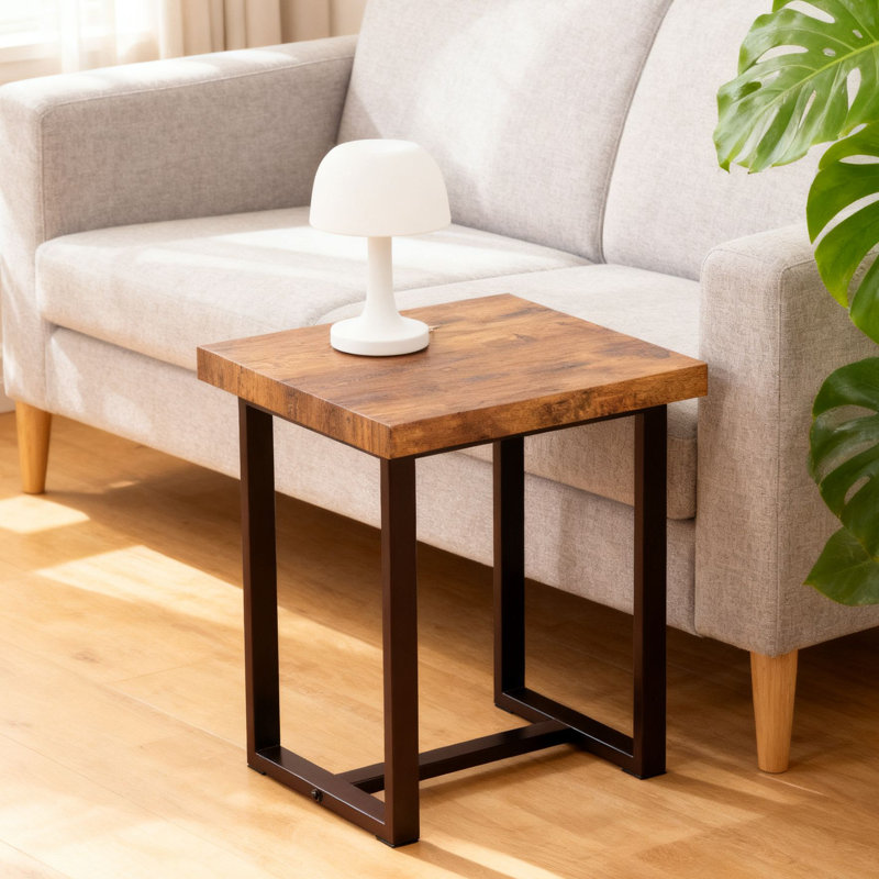 Industrial Side Table with Wooden Top & Metal Frame, Compact End Table for Living Room, Bedroom, Small Spaces, 1