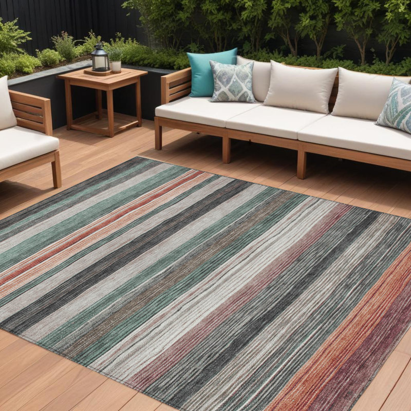 Tapis intérieur / extérieur 8 pi x 10 pi rayé turquoise lavable pâle