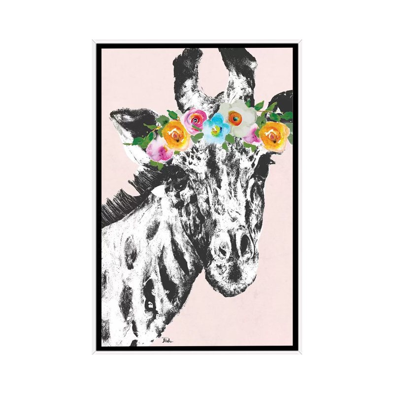 Reproduction d’art, "Flower Crown Giraffe" par Patricia Pinto, Toile blanche encadrée, Pas de tapis