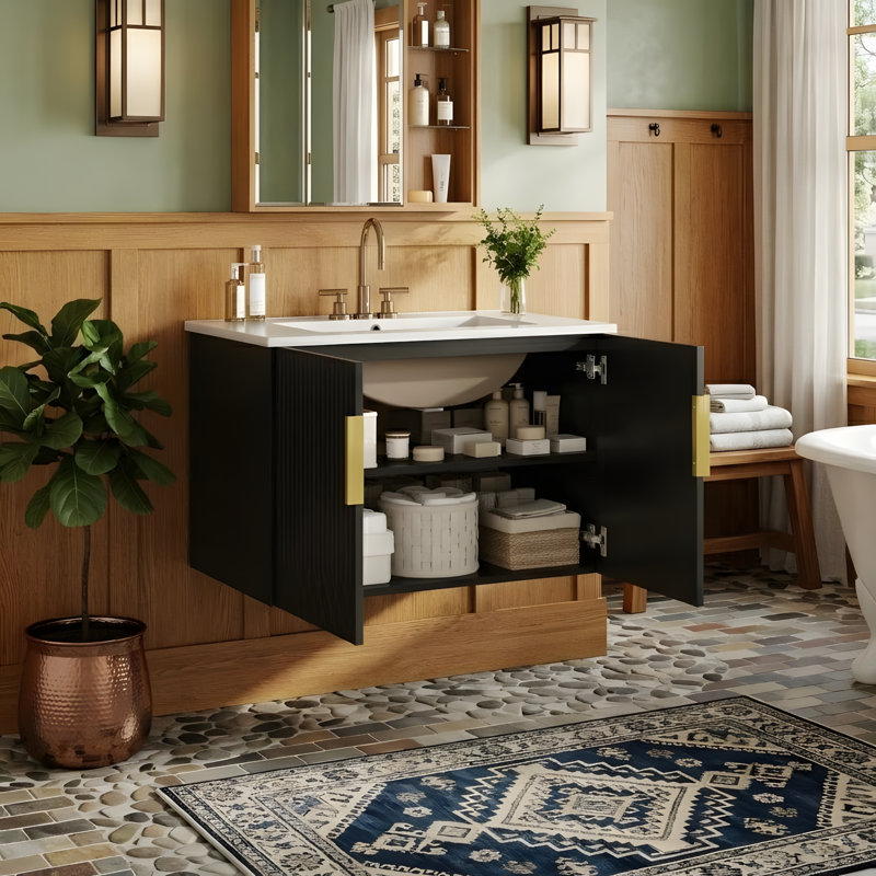 Meuble-lavabo de 30 po avec lavabo en céramique, Noir