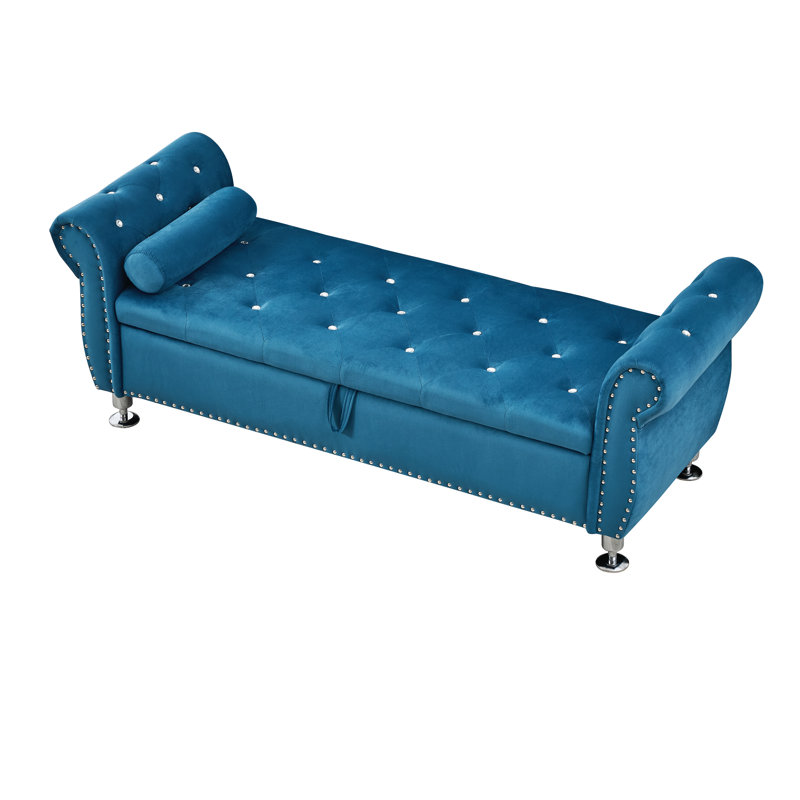 Upholstered Storage Bench With 1 Pillow, Blue