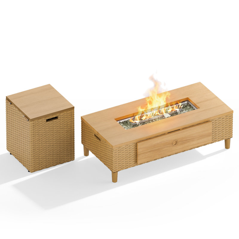 Table rectangulaire pour foyer d'extérieur au propane en osier de 42 po avec couvercle et couvercle de réservoir de 16 po, foyer d'extérieur au gaz 50 000 BTU, certifié CSA