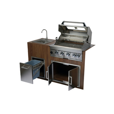 32 Inch Outdoor Kitchen Built - In Gas Grill 60000 Four Burners, Infrared Rear Burner, Double Door, Drawer, 304# Stainless Steel Sink, Heavy Duty , Bottle Opener, Halogen Lights, Easy Access Grease