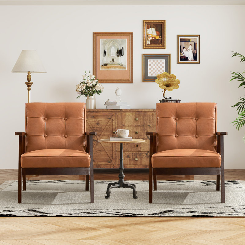 Chesterle 25''Wide Classic Upholstered Tufted Accent Chair With Solid Wood Legs, Brown Faux Leather
