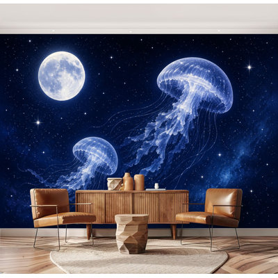 Wall Mural Peel and Stick Jellyfish Starry Night Sky Full Moon Glow Dark Large Wallpaper Self-Adhesive Removable Contact Paper Wall Decor for Living Room Bedroom Nursery 69"H x 96"W
