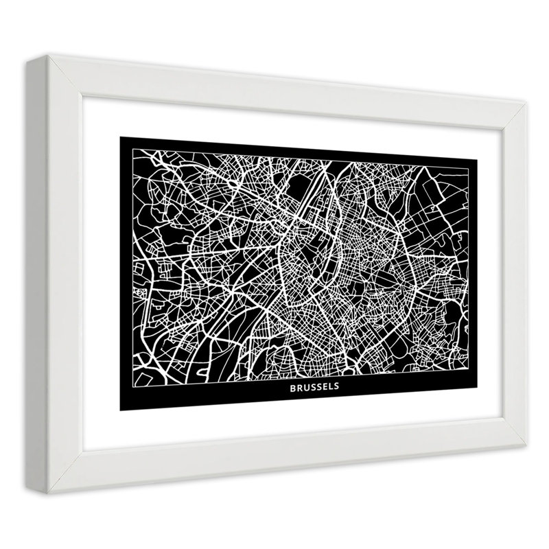 Map Of Brussels - Single Picture Frame Print, 60cm H x 90cm W, White