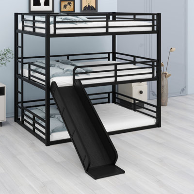 Metal Triple Bunk Bed With Safety Guardrails,Slide And Noise-Reduced Design