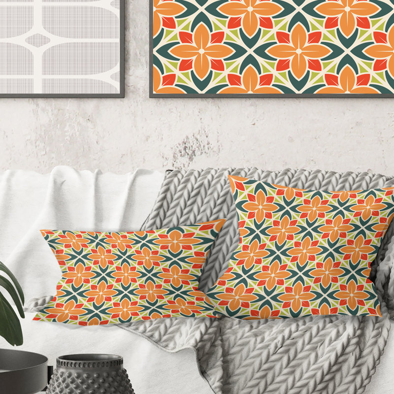 Coussin décoratif rétro à motif floral Mid-Century, Orange