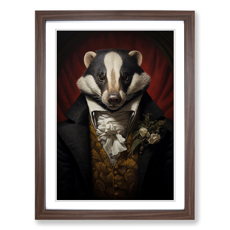 Badger Rococo - Single Picture Frame Print on Wood, Walnut Framed, 34cm H x 25cm W x 2cm D