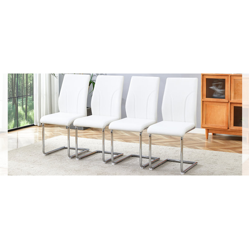 Of 4 Dining Chairs In White, Pu Material With High And Legs For Kitchen, Restaurant, Living Area, Quick Assembly 4Pcs White Chair Collection, Covered Leg Configuration Space, Effortless Cleanup