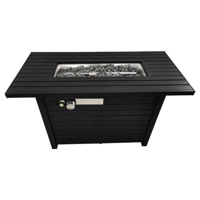 24" H Steel Propane Fire Pit Patio Table - Black, Finish, Slatted Base, Lid, Lava Rocks, Glass Beads, Flame Adjustable, Deck- Outdoor Heating Accessory For Use Weather , Built-In Button Adjust, Deck