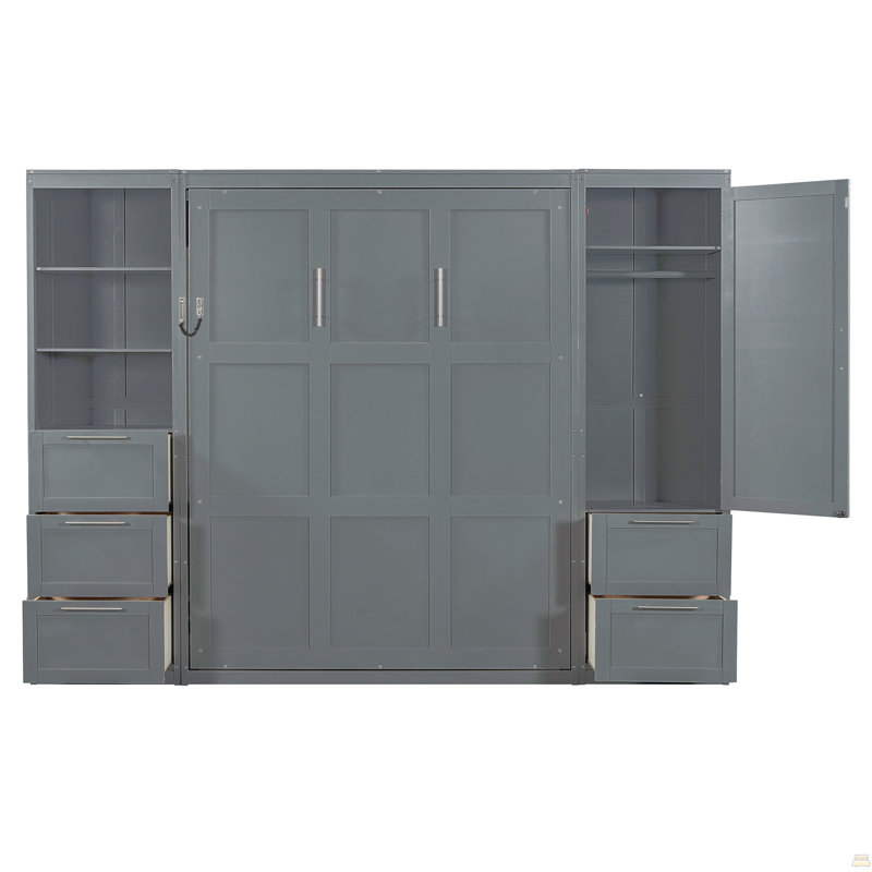 Grand lit escamotable mural avec placard, tiroirs et tablettes