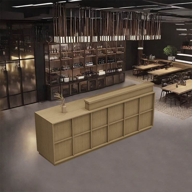 Bar Counter with Open Storage, Lockable Drawers, and Wine Glass Rack – No Assembly Required, Burlywood