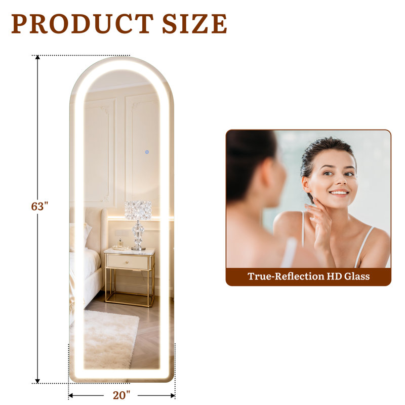63"×20" Arched Full Length Mirror, Standing/Leaning/Hanging Full Body Mirror with 1.57-inch wide LED Strip