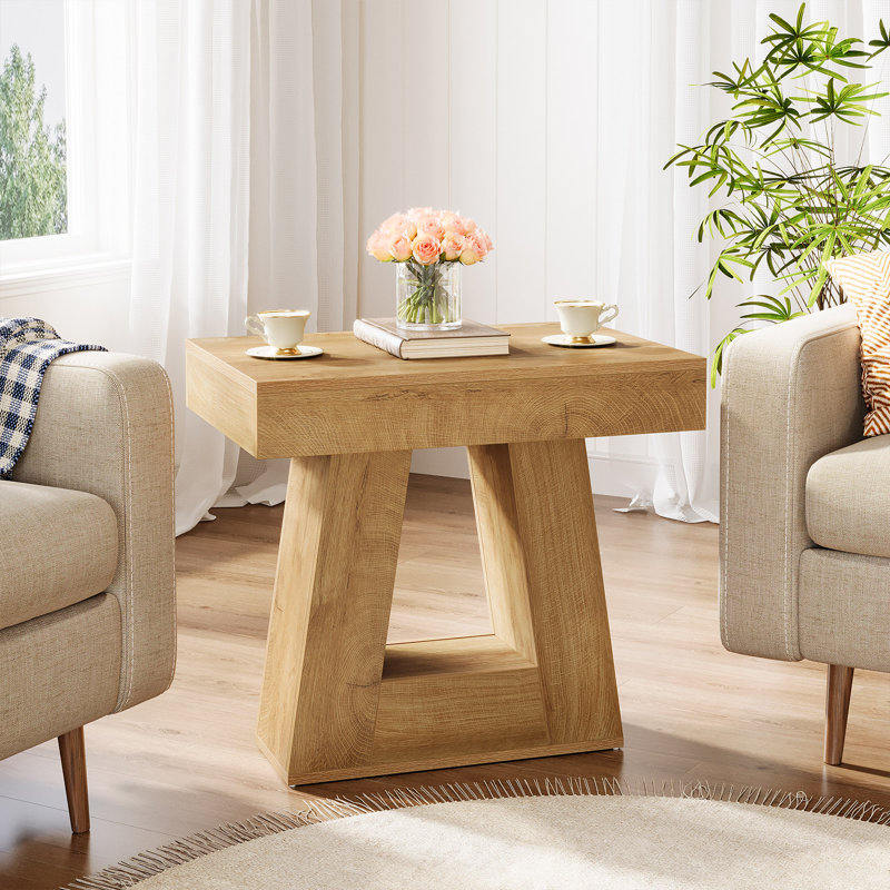 Set Of 2 Modern 24" 2-Tier Side Tables, Narrow Wooden End Tables With Trapezoid Base & Farmhouse Wood-Grain Finish, Natural