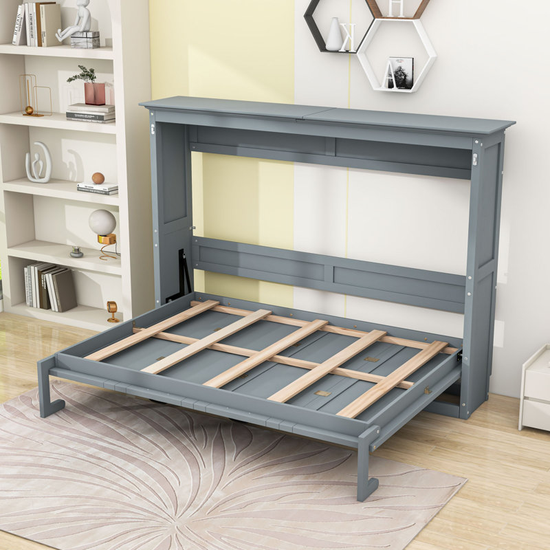 Lit escamotable double en bois avec lattes, Gris