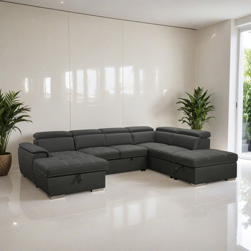 128.01" U Shaped Sleeper Sectional Sofa Bed, Modular Sofa 7 Seater Couch with Storage Seat, Gray Polyester