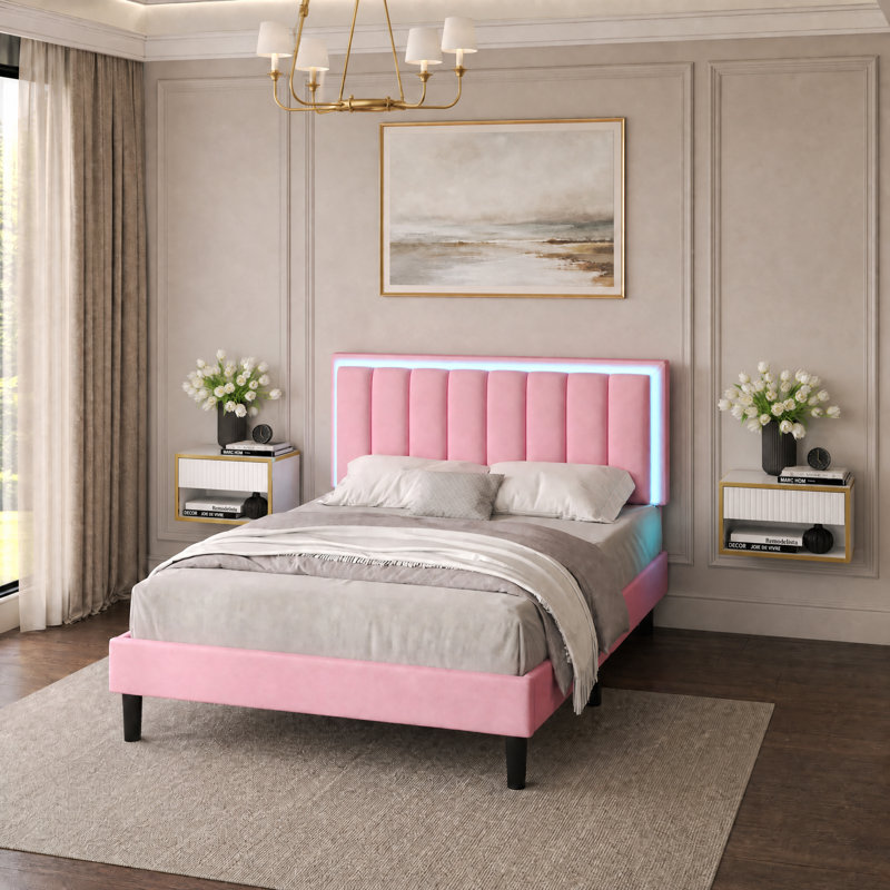 Ensemble de lit plateforme intelligent en cuir avec table de chevet moderne flottante 2 pièces Smart Suite, Rose, Lit simple