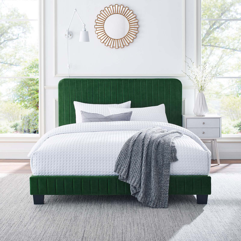 Celine Channel Tufted Performance Velvet Platform Bed, Twin, Emerald