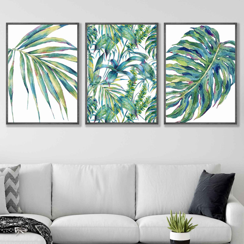 Abstract Botanical Tropical Flora In Green - 3 Piece Single Picture Frame Print Set, 43cm H x 33cm W, Grey Framed