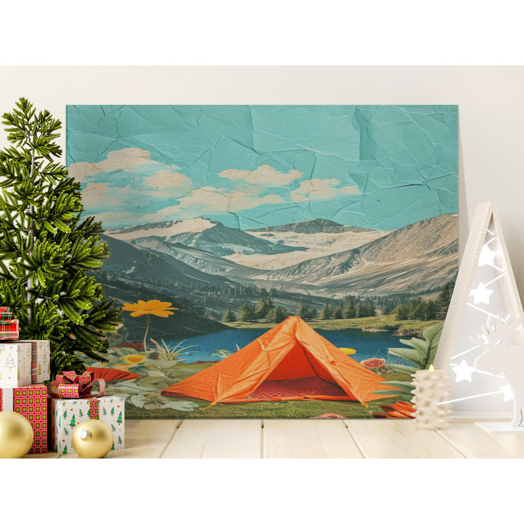 Camping Scene Canvas Wall Art, Floral Landscape Print, Gallery Wrapped Canvas, Mountain Tent Decor, Ready to Hang, Archival Quality