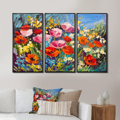 Fleurs printanières colorées - ensemble d'art mural sur toile traditionnel encadré de 3