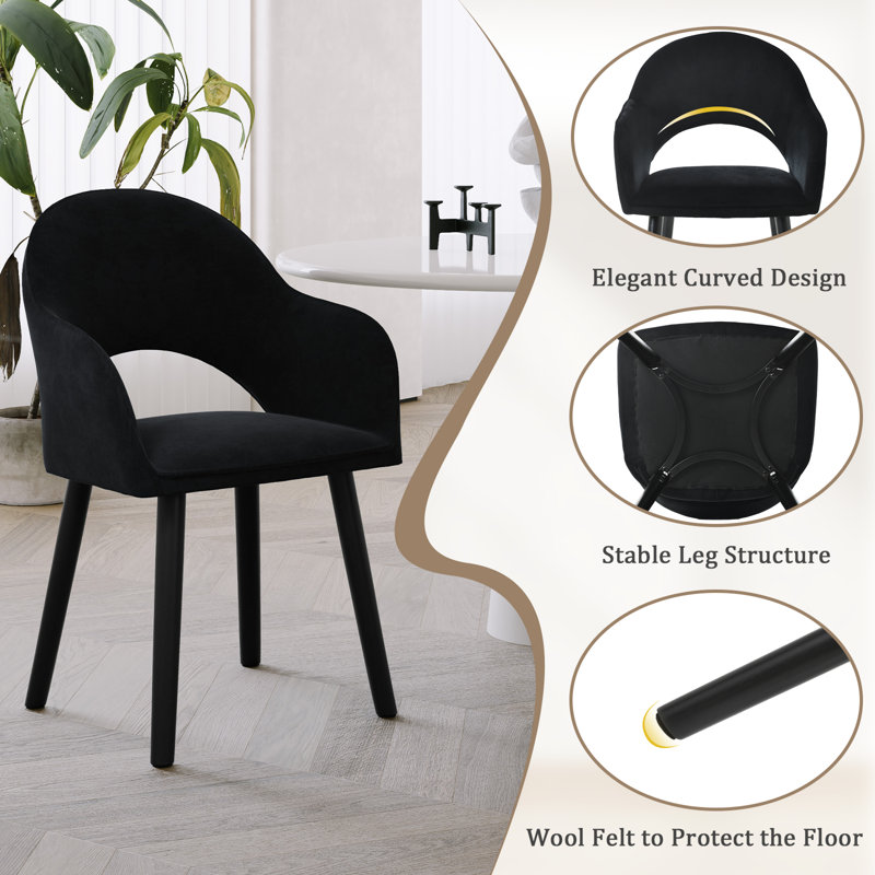 49.5cm H Modern Solid Wood Legs Upholstered Dining Chair with Arm, Black Velvet/Black