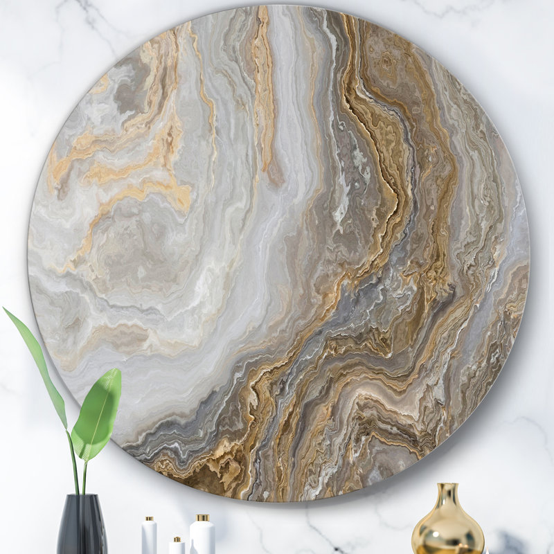 «White Marble with Curley Gray and Gold Veins» - art mural rond en métal, H 11 po x l 11 po