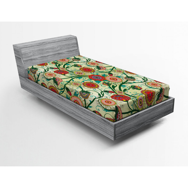 Microfiber Floral Fitted Sheet, Twin Fitted Sheet, Beige Floral