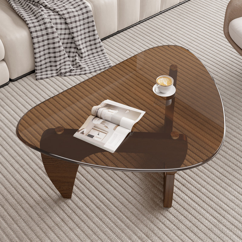 Modern Triangle Coffee Table, Tempered Glass Top & Curved Wooden Base for Living Room, Walnut, Brown Glass