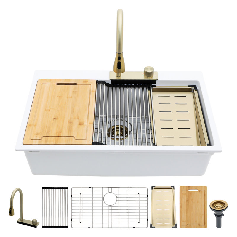 Évier de cuisine en composite de quartz blanc 33 x 22 po - style cascade, robinet escamotable et ensembles d'accessoires assortis pour charme de poste de travail, agrégations
