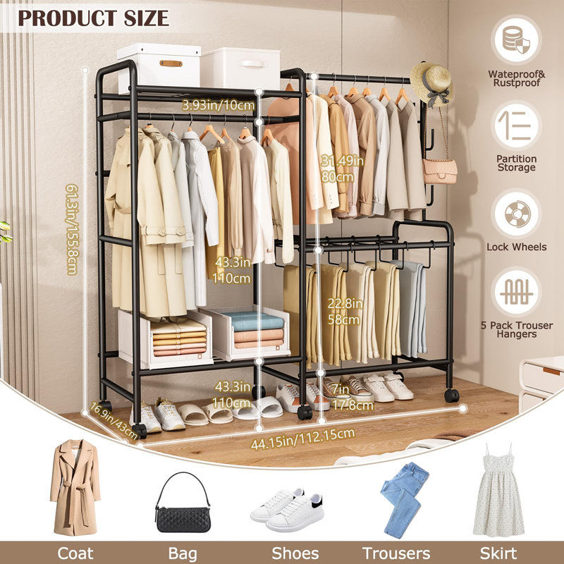 112 cm Rolling Clothes Rack, Black