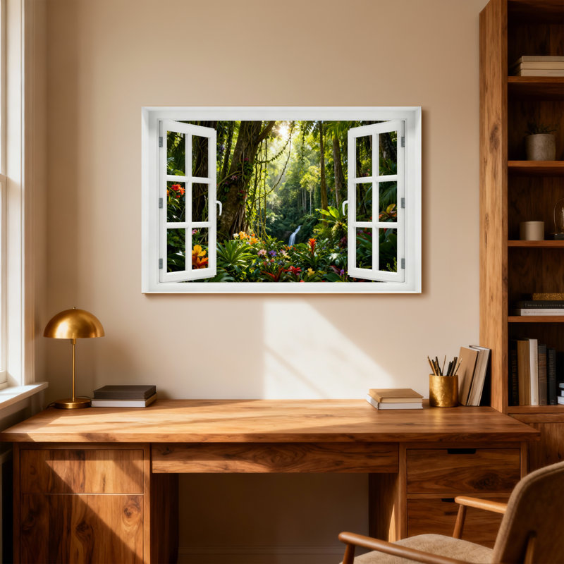 Paysage et forêt naturelle vue par une fenêtre ouverte, H 20 po x l 30 po