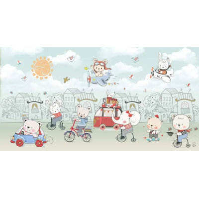 Cute Animal City Wallpaper – Kids Cartoon Transportation Wall Design