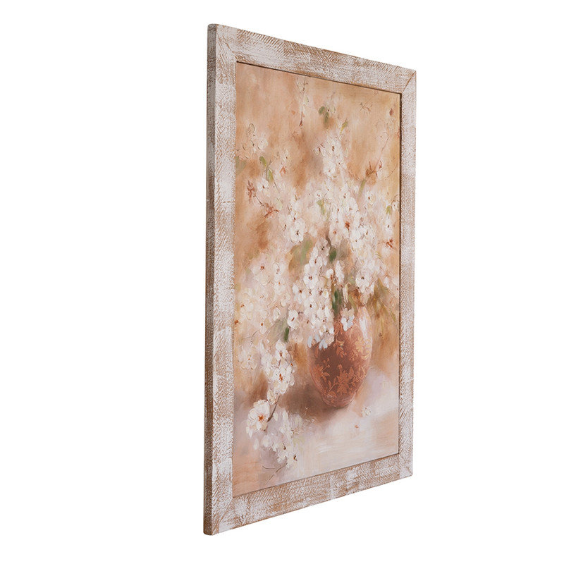 Art mural de nature morte floral peint à la main avec cadre en bois de sapin blanc vieilli, peinture rétro pour salon, 35,4 po x 47,2 po