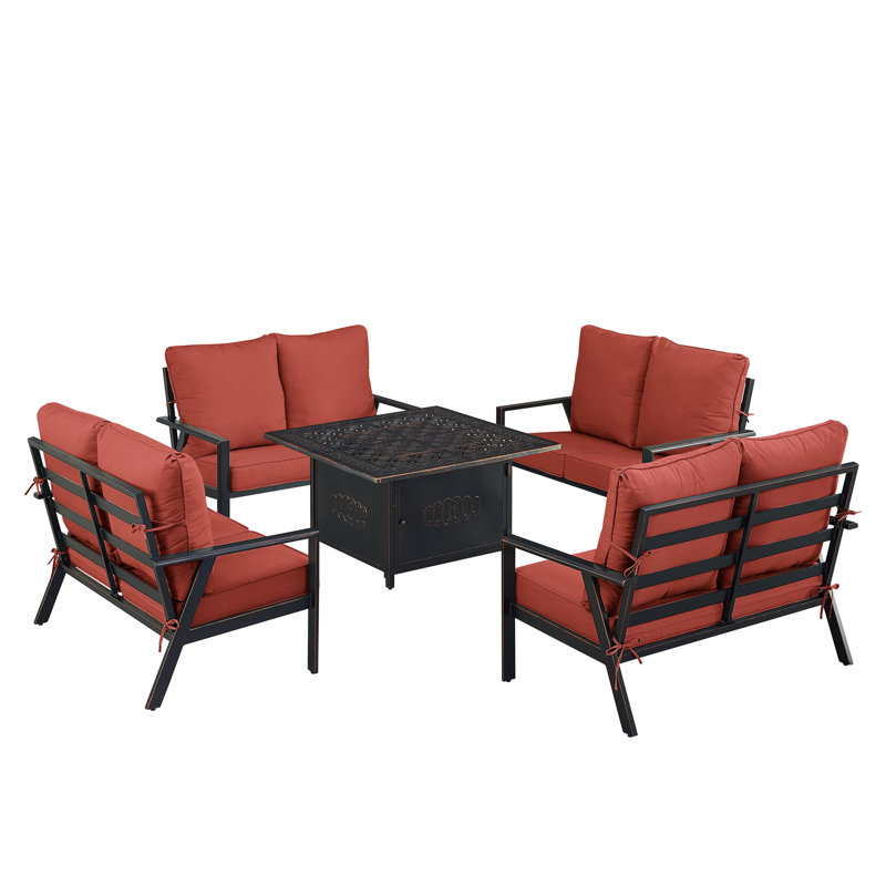 Ensemble de table de foyer en aluminium noir avec quatre causeuses profondes, Rouge