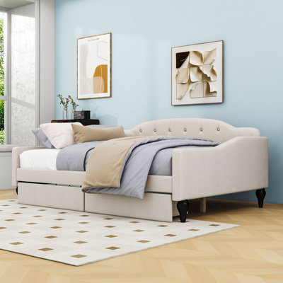 Full Size Linen Upholstered Daybed with Storage Drawers